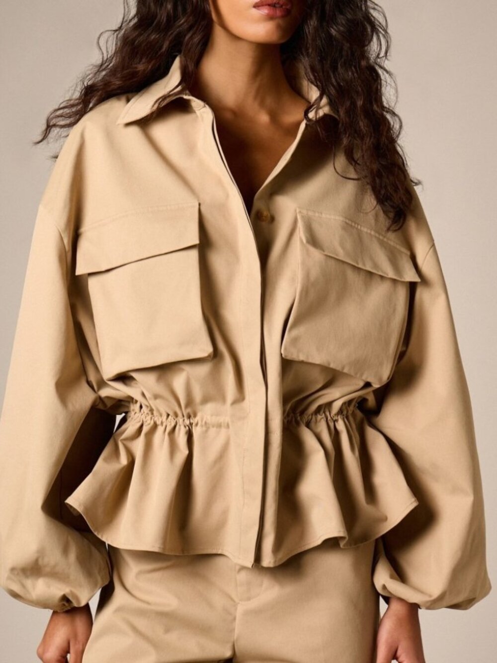 Tan Cargo Pocket Peplum Jacket with Cinched Waist
